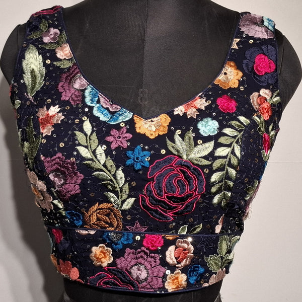 Kia Fashions Navy Blue Multi Color Embroidered Readymade Blouse