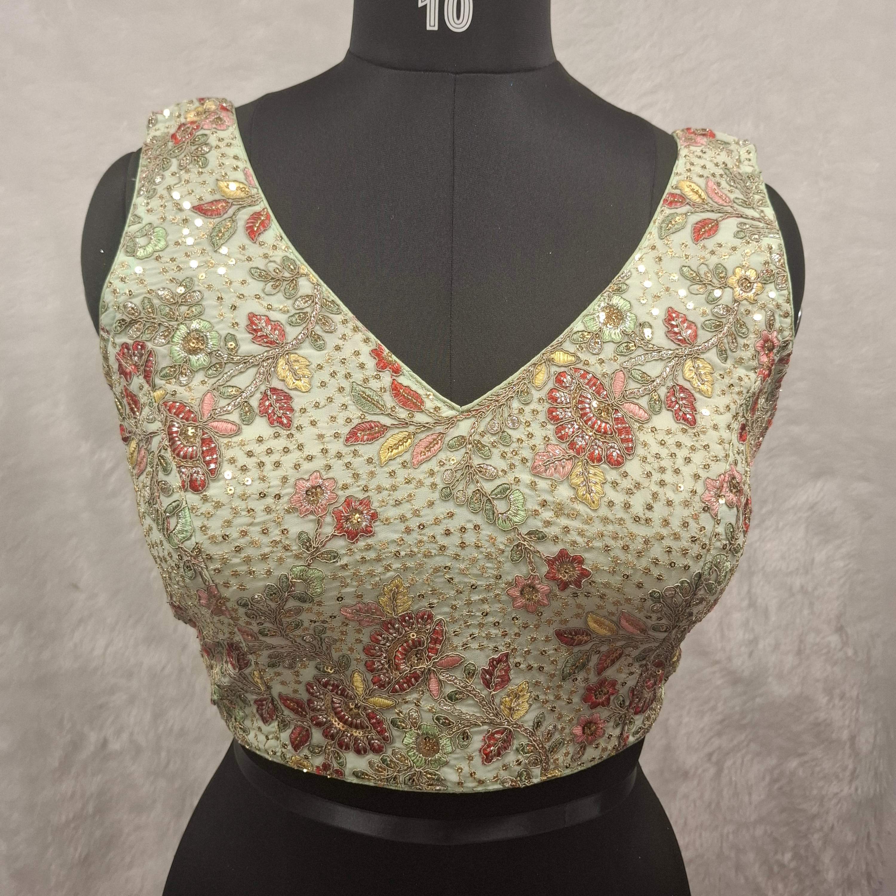 Kia Fashions Pistachio Green Georgette Multi Color Emb & Sqn Readymade Blouse