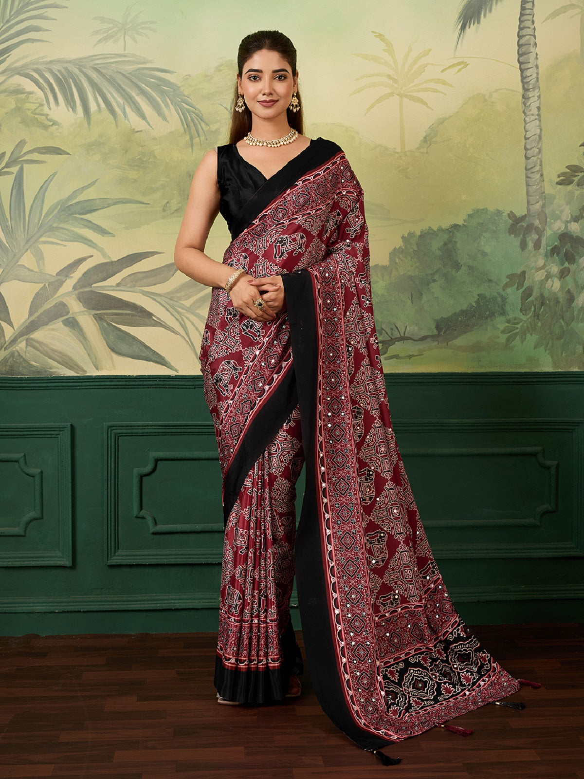 Dwija Fashion Women'S Party Wear Digital Printed With Mirror Work Chinon Silk Designer Saree With Unstitched Blouse-Deep Maroon - Dista