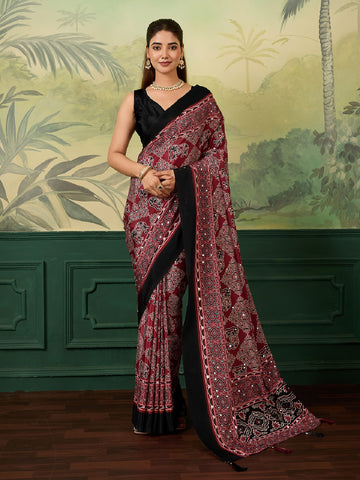 Dwija Fashion Women'S Party Wear Digital Printed With Mirror Work Chinon Silk Designer Saree With Unstitched Blouse-Deep Maroon - Dista