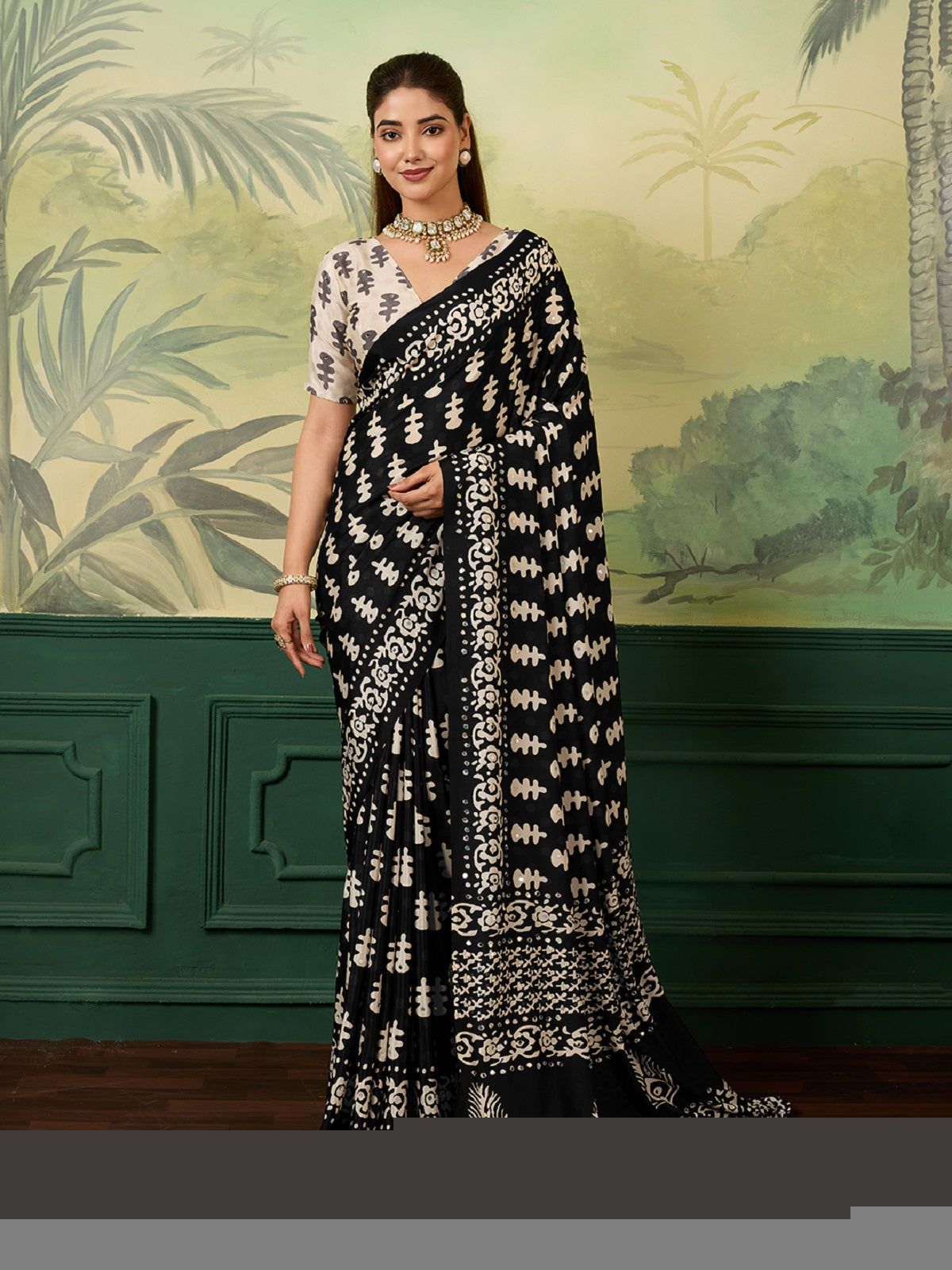 Dwija Fashion Women'S Party Wear Digital Printed With Mirror Work Chinon Silk Designer Saree With Unstitched Blouse-Black - Dista
