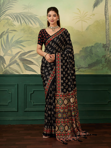 Dwija Fashion Women'S Party Wear Digital Printed With Mirror Work Chinon Silk Designer Saree With Unstitched Blouse-Black - Dista