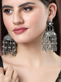 Thumbnail for NVR Women's Silver Plated Mirror Work Oxidised Contemporary Jhumka Earrings - Distacart