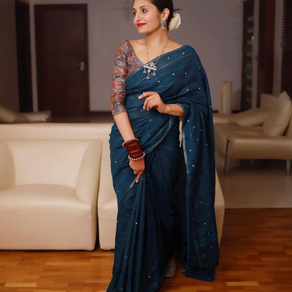Blue Pure Linen Ethnic Motifs Saree with Unstitched Blouse - A2M - Distacart