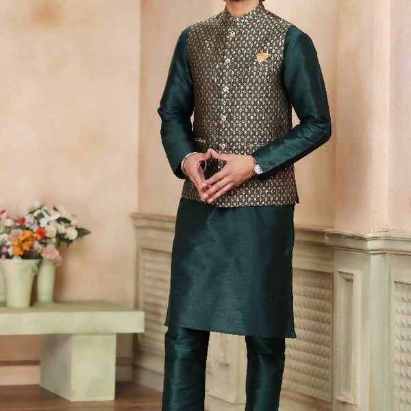 Raivat Ethnic Jacquard Banarasi Silk Woven Work 3 Pics Jacket Set In Green Colour - Distacart