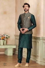 Thumbnail for Raivat Ethnic Jacquard Banarasi Silk Woven Work 3 Pics Jacket Set In Green Colour - Distacart
