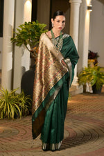 Thumbnail for Vishnu Weaves Women's Green Soft Tussar Silk Printed Saree with Blouse