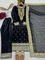 Thumbnail for Prazu Fashion Black Viscose Velvet Embroidered Sequins Salwar Suit - Distacart