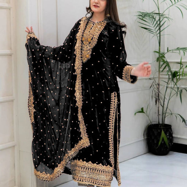 Prazu Fashion Black Viscose Velvet Embroidered Sequins Salwar Suit - Distacart