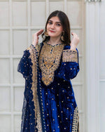 Thumbnail for Prazu Fashion Blue Viscose Velvet Embroidered Sequins Salwar Suit - Distacart