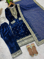 Thumbnail for Prazu Fashion Blue Viscose Velvet Embroidered Sequins Salwar Suit - Distacart