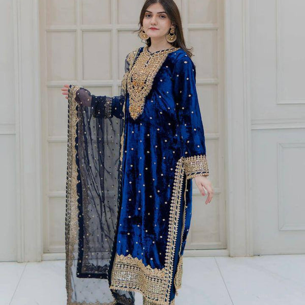 Prazu Fashion Blue Viscose Velvet Embroidered Sequins Salwar Suit - Distacart