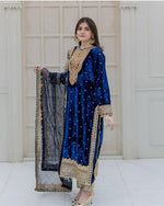 Thumbnail for Prazu Fashion Blue Viscose Velvet Embroidered Sequins Salwar Suit - Distacart