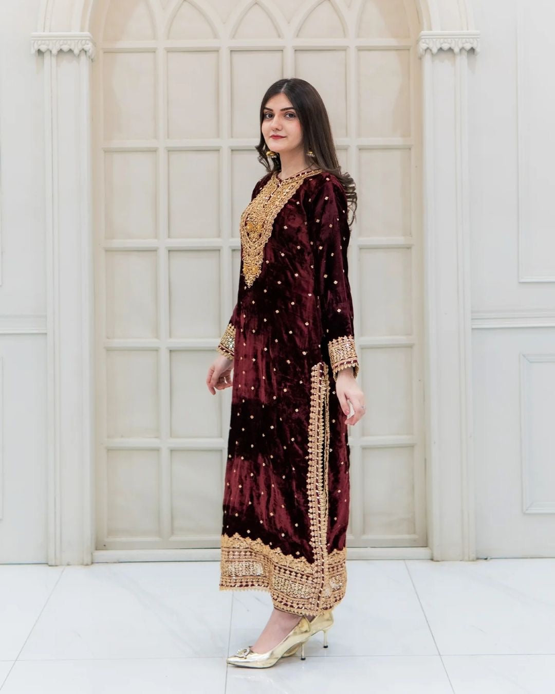 Prazu Fashion Maroon Viscose Velvet Embroidered Sequins Salwar Suit