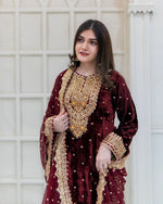 Thumbnail for Prazu Fashion Maroon Viscose Velvet Embroidered Sequins Salwar Suit