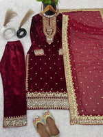 Thumbnail for Prazu Fashion Maroon Viscose Velvet Embroidered Sequins Salwar Suit