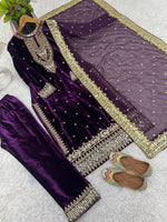 Thumbnail for Prazu Fashion Purple Viscose Velvet Embroidered Sequins Salwar Suit - Distacart