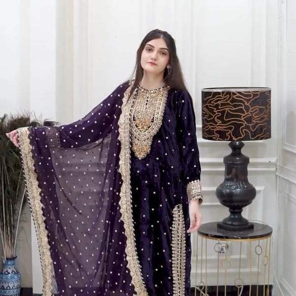 Prazu Fashion Purple Viscose Velvet Embroidered Sequins Salwar Suit - Distacart