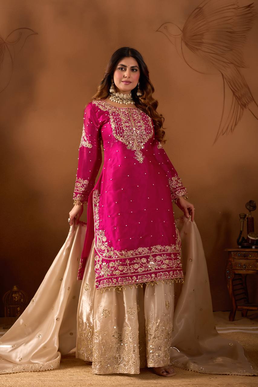 Prazu Fashion Pink Silk Embroidered Coding With Rivet Moti Work Palazzo Suit