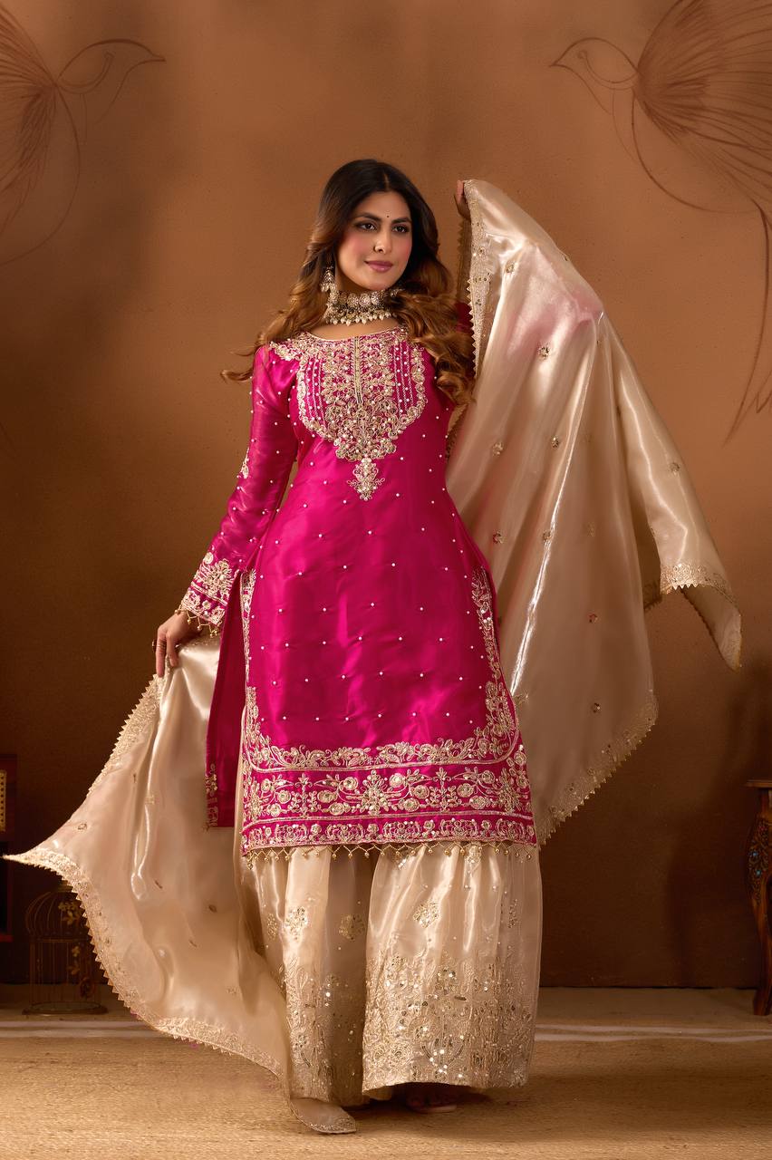 Prazu Fashion Pink Silk Embroidered Coding With Rivet Moti Work Palazzo Suit - Distacart
