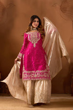 Thumbnail for Prazu Fashion Pink Silk Embroidered Coding With Rivet Moti Work Palazzo Suit