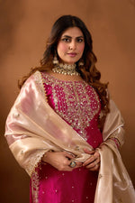 Thumbnail for Prazu Fashion Pink Silk Embroidered Coding With Rivet Moti Work Palazzo Suit