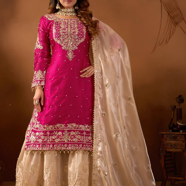 Prazu Fashion Pink Silk Embroidered Coding With Rivet Moti Work Palazzo Suit