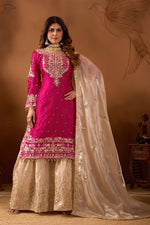 Thumbnail for Prazu Fashion Pink Silk Embroidered Coding With Rivet Moti Work Palazzo Suit
