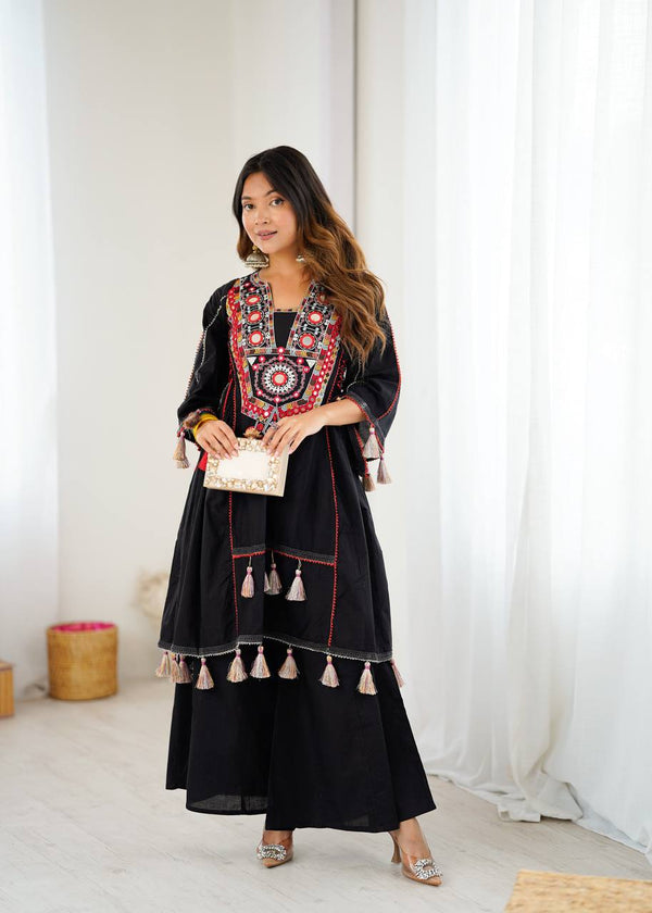 Prazu Fashion Black Khadi Cotton Embroidered Mirror Work Palazzo Suit