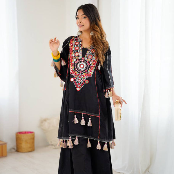 Prazu Fashion Black Khadi Cotton Embroidered Mirror Work Palazzo Suit