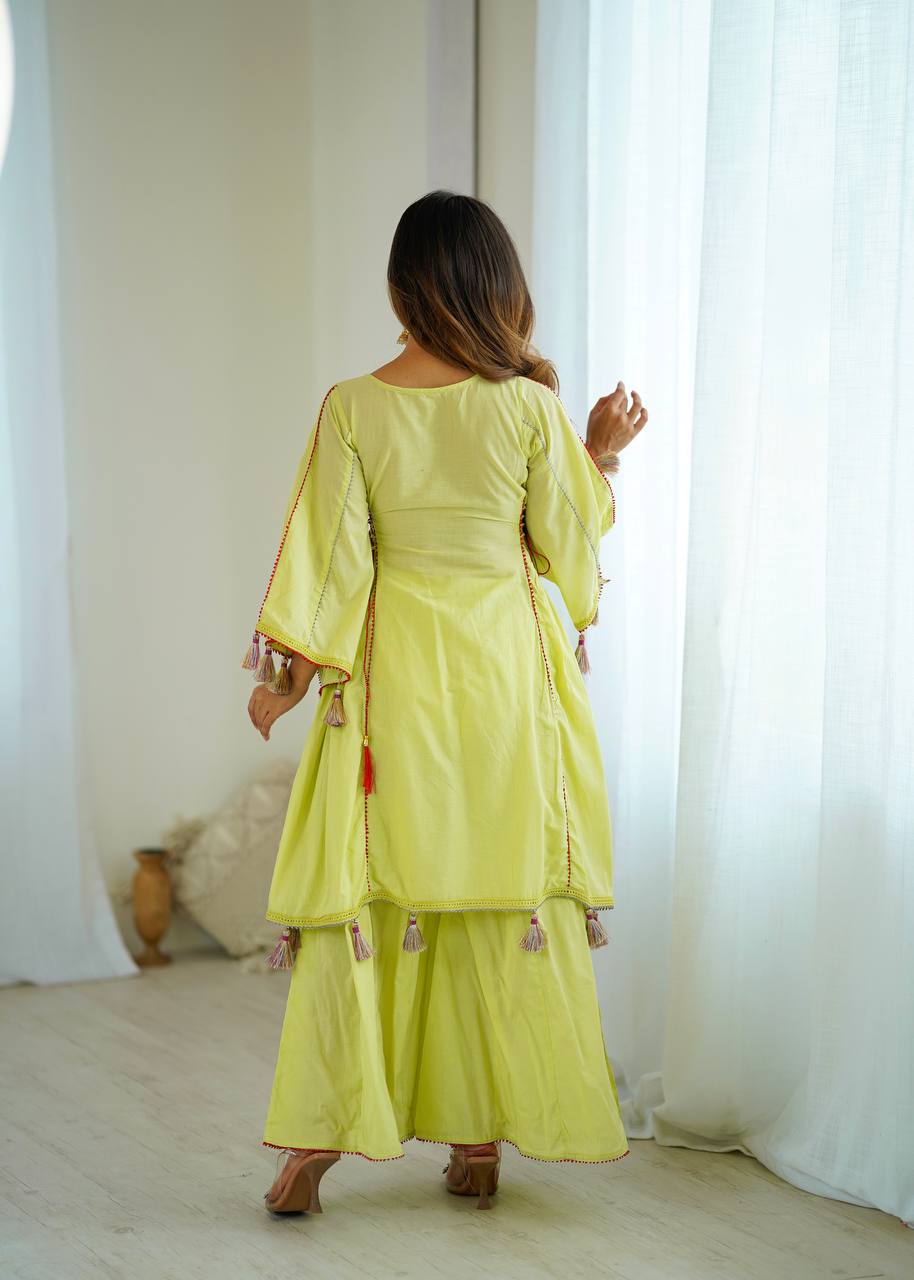 Prazu Fashion Lime Green Khadi Cotton Embroidered Mirror Work Palazzo Suit