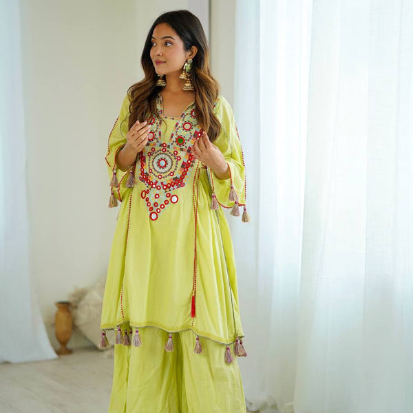 Prazu Fashion Lime Green Khadi Cotton Embroidered Mirror Work Palazzo Suit