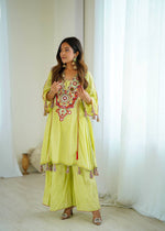 Thumbnail for Prazu Fashion Lime Green Khadi Cotton Embroidered Mirror Work Palazzo Suit