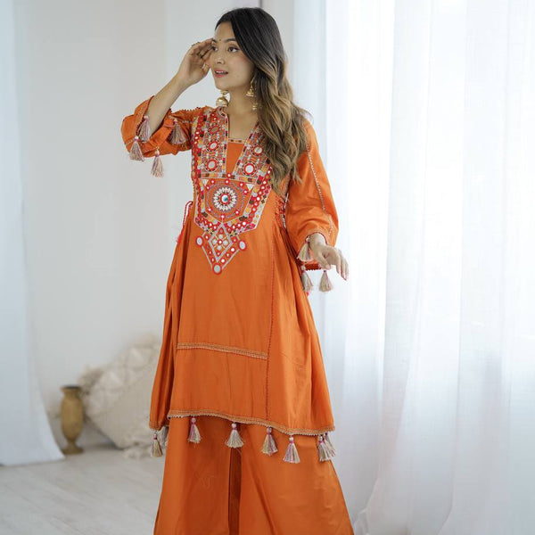 Prazu Fashion Orange Khadi Cotton Embroidered Mirror Work Palazzo Suit