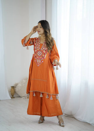 Prazu Fashion Orange Khadi Cotton Embroidered Mirror Work Palazzo Suit