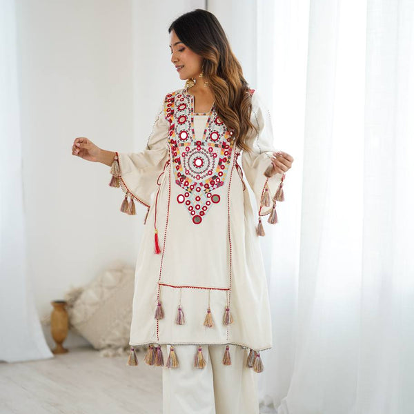 Prazu Fashion White Khadi Cotton Embroidered Mirror Work Palazzo Suit