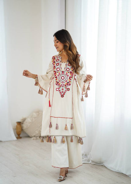 Prazu Fashion White Khadi Cotton Embroidered Mirror Work Palazzo Suit