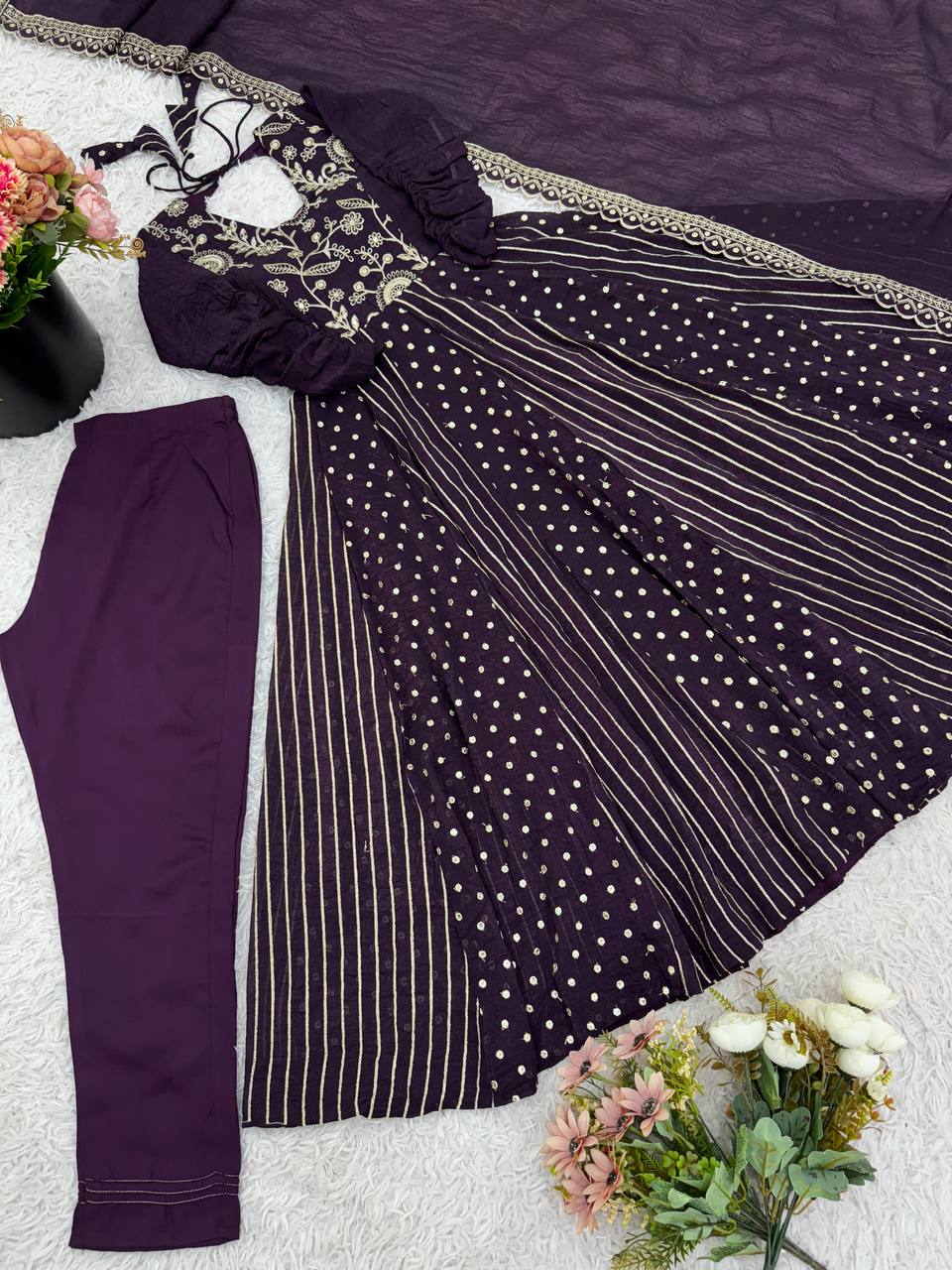 Prazu Fashion Dark Purple Crunchy Silk Embroidered Sequence Anarkali Gown