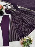 Thumbnail for Prazu Fashion Dark Purple Crunchy Silk Embroidered Sequence Anarkali Gown