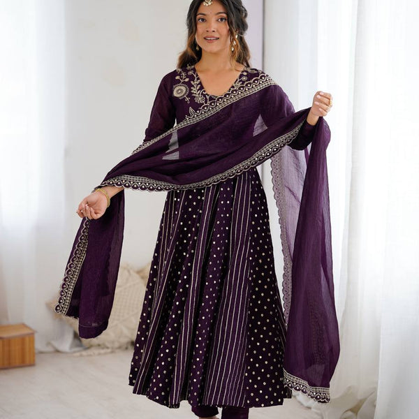 Prazu Fashion Dark Purple Crunchy Silk Embroidered Sequence Anarkali Gown