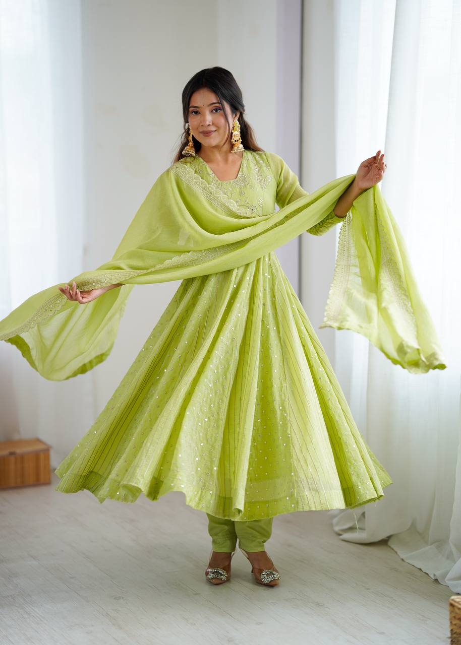 Prazu Fashion Lime Green Crunchy Silk Embroidered Sequence Anarkali Gown