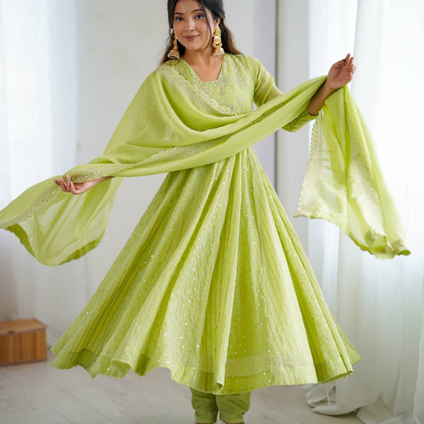 Prazu Fashion Lime Green Crunchy Silk Embroidered Sequence Anarkali Gown