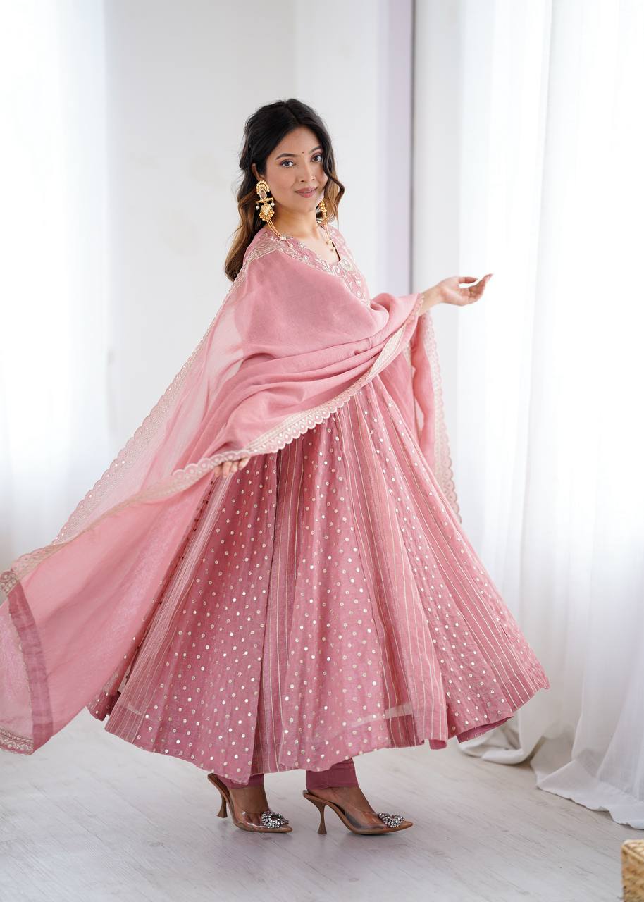 Prazu Fashion Onion Pink Crunchy Silk Embroidered Sequence Anarkali Gown