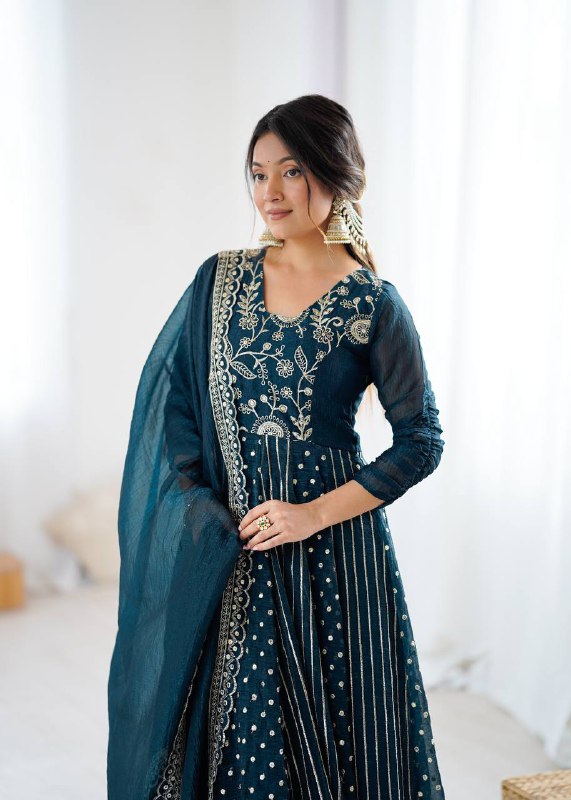 Prazu Fashion Rama Crunchy Silk Embroidered Sequence Anarkali Gown - M(38) Prazu Fashion Rama Crunchy Silk Embroidered Sequence Anarkali Gown - M(38)