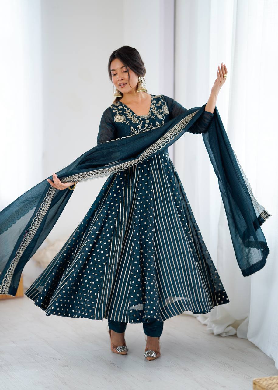 Prazu Fashion Rama Crunchy Silk Embroidered Sequence Anarkali Gown