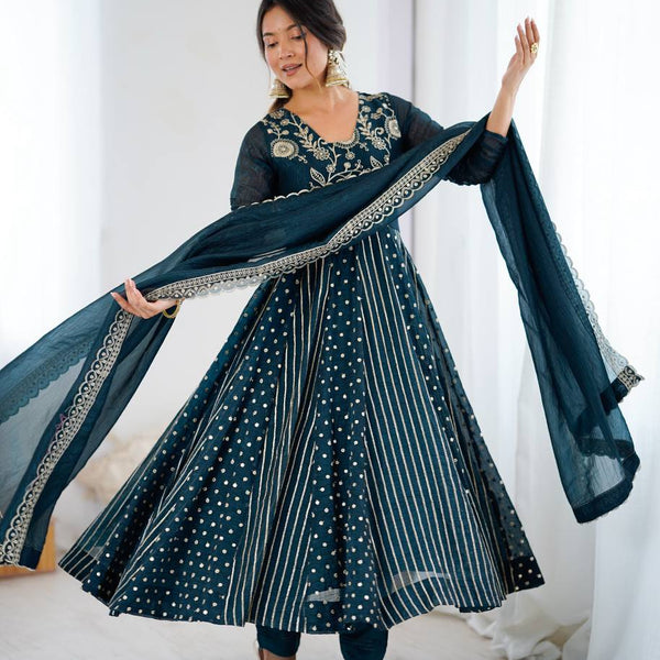 Prazu Fashion Rama Crunchy Silk Embroidered Sequence Anarkali Gown - Distacart