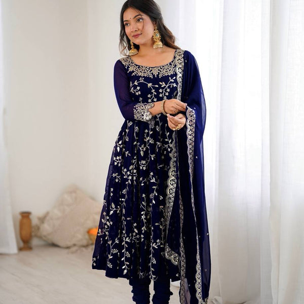 Prazu Fashion Blue Georgette Embroidered Designer Anarkali Gown - Distacart