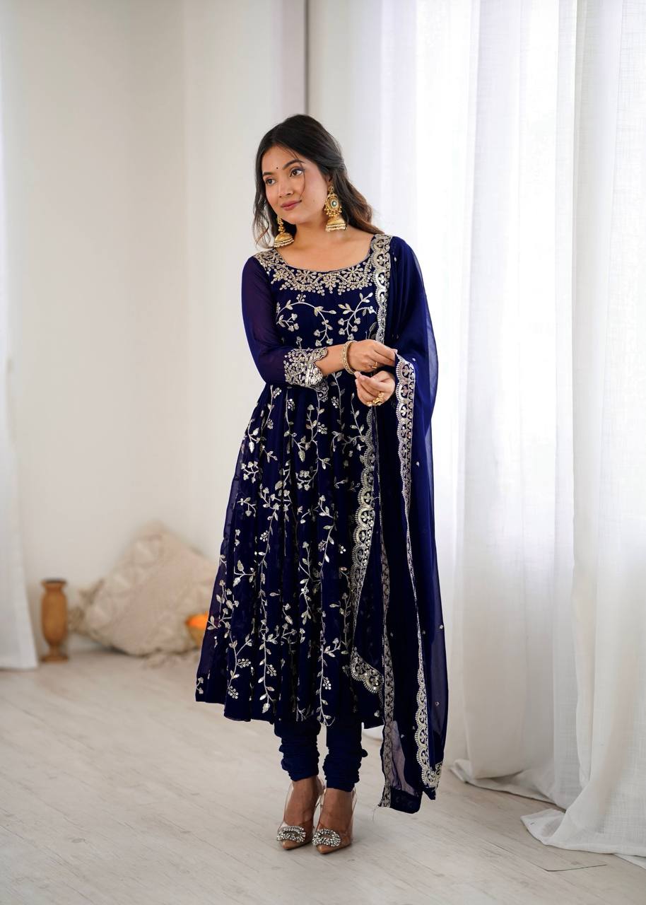 Prazu Fashion Blue Georgette Embroidered Designer Anarkali Gown - Distacart
