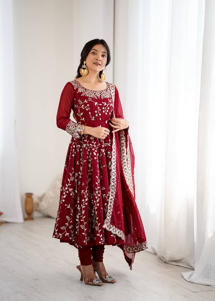 Prazu Fashion Maroon Georgette Embroidered Designer Anarkali Gown