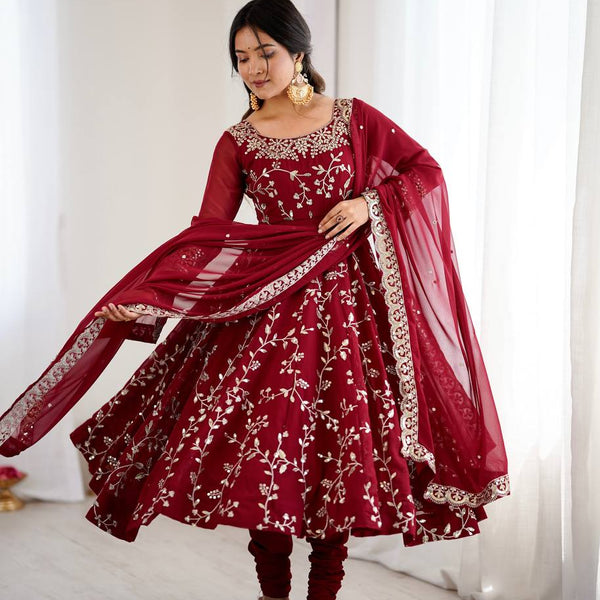 Prazu Fashion Maroon Georgette Embroidered Designer Anarkali Gown